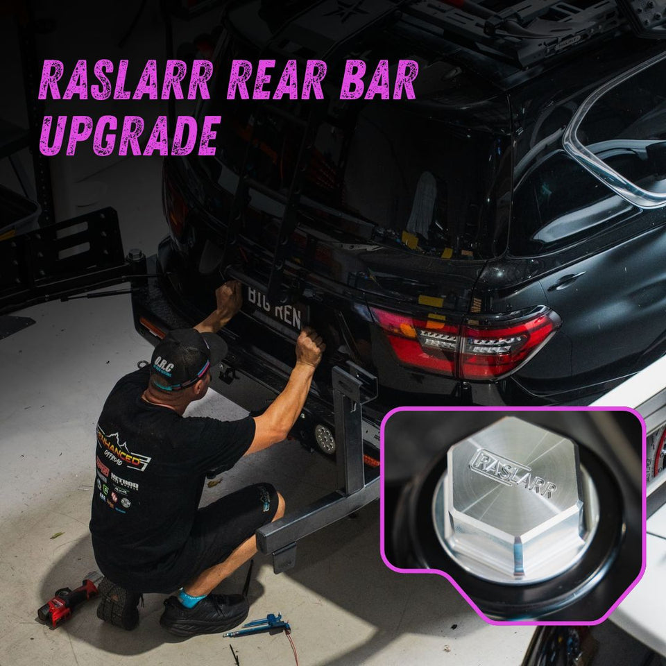 This is an image of a Raslarr Engineering Rear Bar & Wheel Carrier being installed to a Nissan Patrol Y62 in Sunshine Coast QLD. More 4x4, McCormacks 4WD, EC Offroad, Scenic Offroad, Pinnacle 4x4, DMW Industries