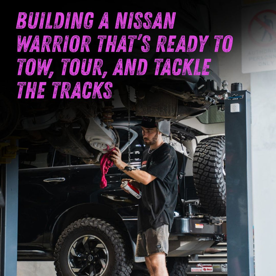 This is an image of a Nissan Patrol Y62 Warrior being fitted with a new lift kit and GVM upgrade set up for towing and touring around Australia, in Sunshine Coast QLD