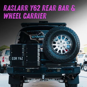 This is an image of a Nissan Patrol Y62 Rear Bar & Wheel Carrier on a Y62. Made by Raslarr ENgineering in Lilydale, VIC